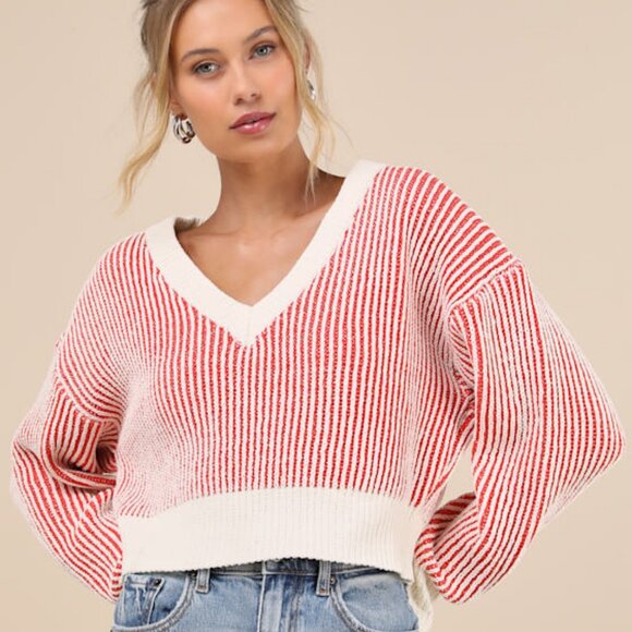Lulus Attractively Cozy Red And White Striped V-neck Pullover Sweater - Size S - Picture 1 of 7